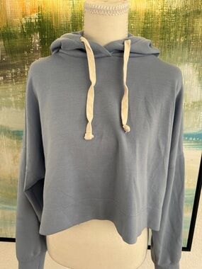 Cropped Hooded Crewneck Sweater in Dusty Blue Size SM